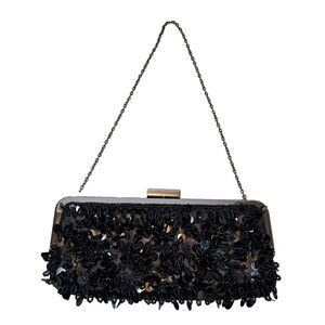 New York & Co Converible Clutch Handbag Purse Chain Strap Sequins‎ Black 9.5x4